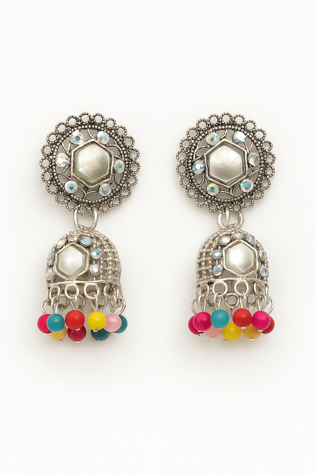Silver - Toned Jhumka Earring - Navya Jewelry