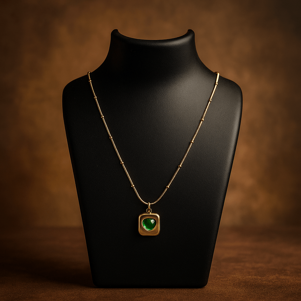 Elegant Green Stone Pendant Gold Necklace | Anti - Tarnish Necklace for Women - Navya Jewelry