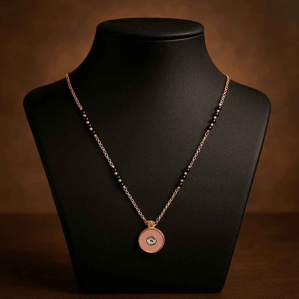 Rose Gold Mangalsutra Necklace with Black Beads & Round CZ Pendant | Fashion Jewelry | Anti - Tarnish - Navya Jewelry