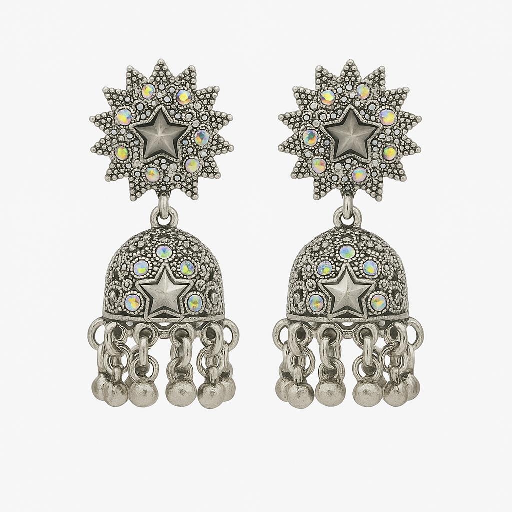 Silver Oxidised Star Dangler Jhumka Earrings with Multicolor Stones - Navya Jewelry