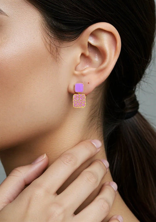 Lavender Sparkle Dual - Tone Stud Earrings – Gold Finish - Navya Jewelry