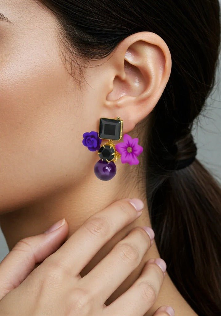 Purple Floral Fantasy Earrings – Gold Finish with Beads & Gem Detailing