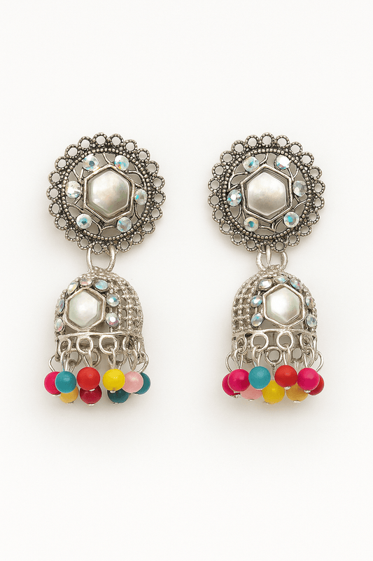 Silver - Toned Jhumka Earring - Navya Jewelry