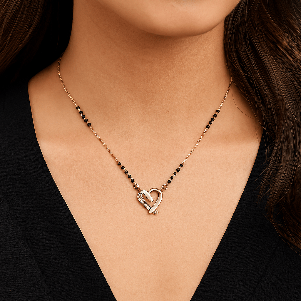 Rose Gold Plated Heart Mangalsutra for Women | Elegant Daily Wear Black Bead Chain Necklace | Stylish Mangalsutra Pendant for Gifting & Occasions - Navya Jewelry
