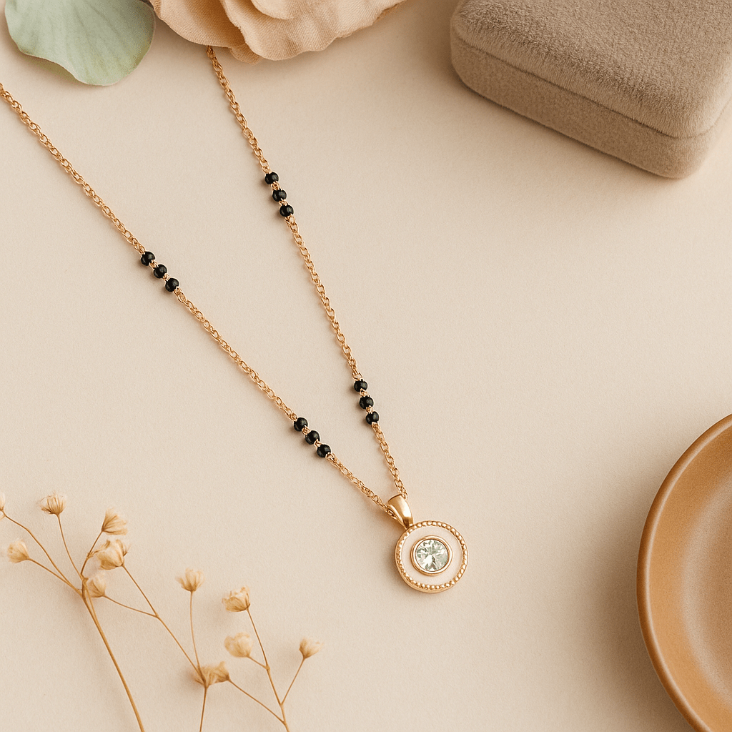 Rose Gold Mangalsutra Necklace with Black Beads & Round CZ Pendant | Fashion Jewelry | Anti - Tarnish - Navya Jewelry