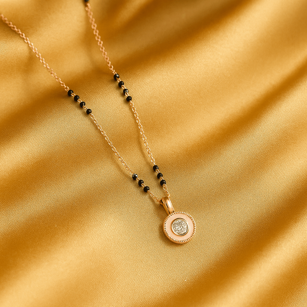 Rose Gold Mangalsutra Necklace with Black Beads & Round CZ Pendant | Fashion Jewelry | Anti - Tarnish - Navya Jewelry