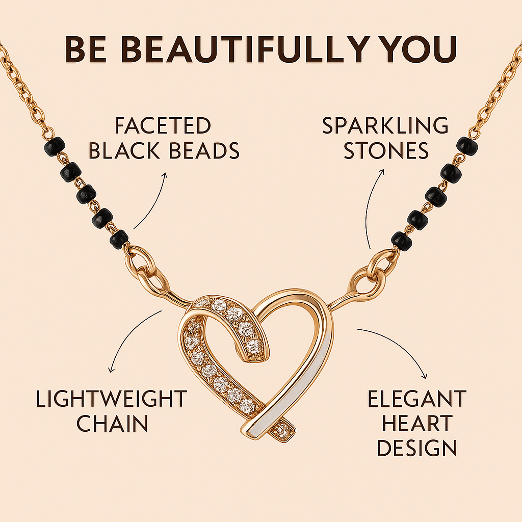 Rose Gold Plated Heart Mangalsutra for Women | Elegant Daily Wear Black Bead Chain Necklace | Stylish Mangalsutra Pendant for Gifting & Occasions - Navya Jewelry