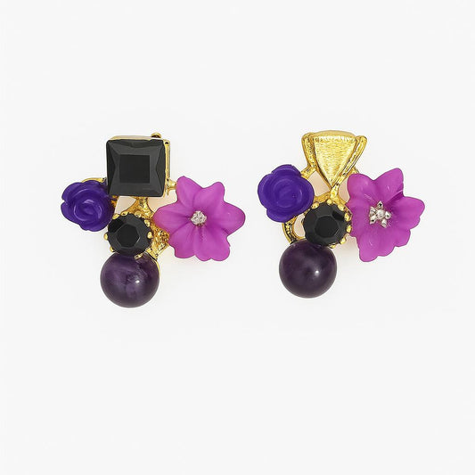 Purple Floral Fantasy Earrings – Gold Finish with Beads & Gem Detailing - Navya Jewelry