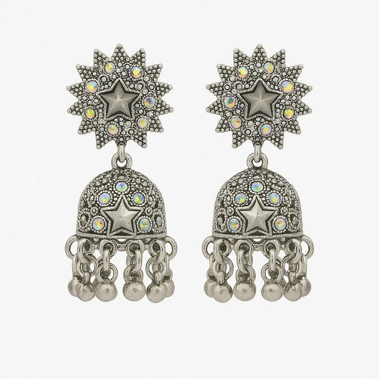 Silver Oxidised Star Dangler Jhumka Earrings with Multicolor Stones - Navya Jewelry