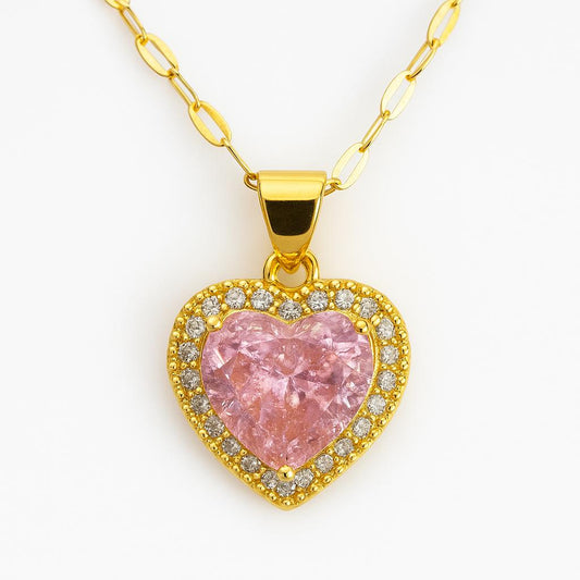 Elegant Pink Heart Pendant Necklace with Gold Finish & Crystal Accents - Navya Jewelry