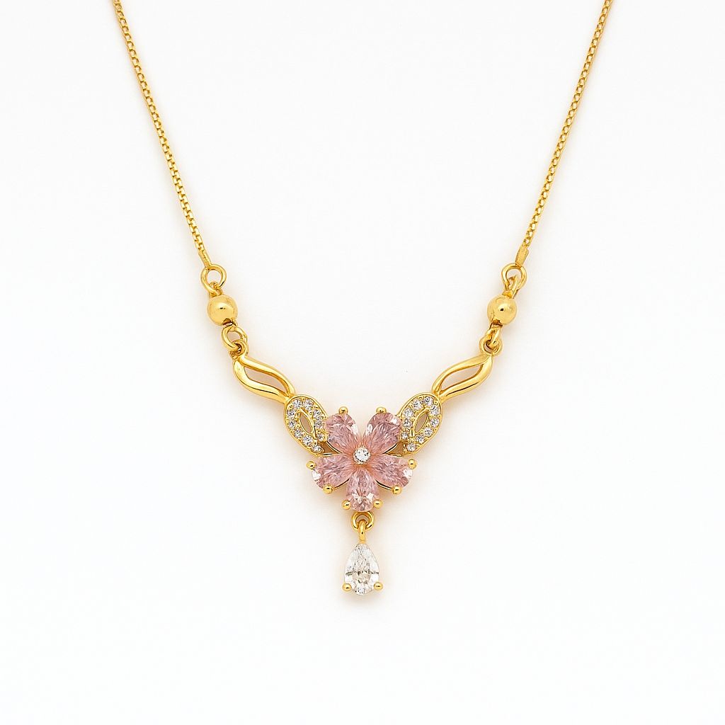 Elegant Gold-Plated Floral Pendant Necklace with Pink Stones & Teardrop Crystal
