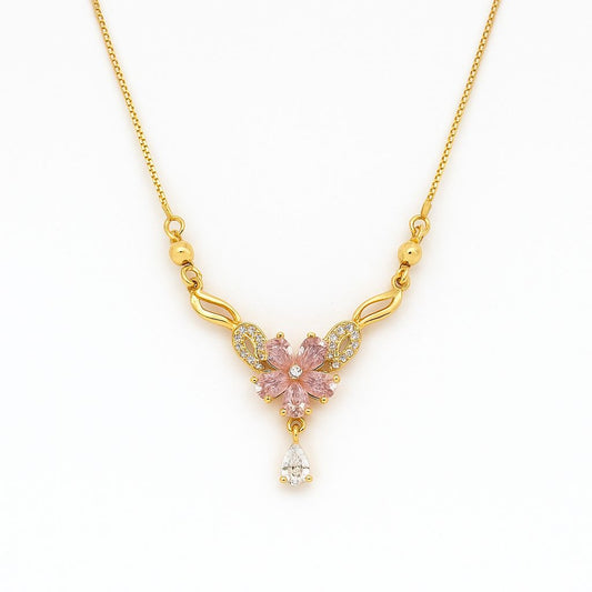 Elegant Gold-Plated Floral Pendant Necklace with Pink Stones & Teardrop Crystal