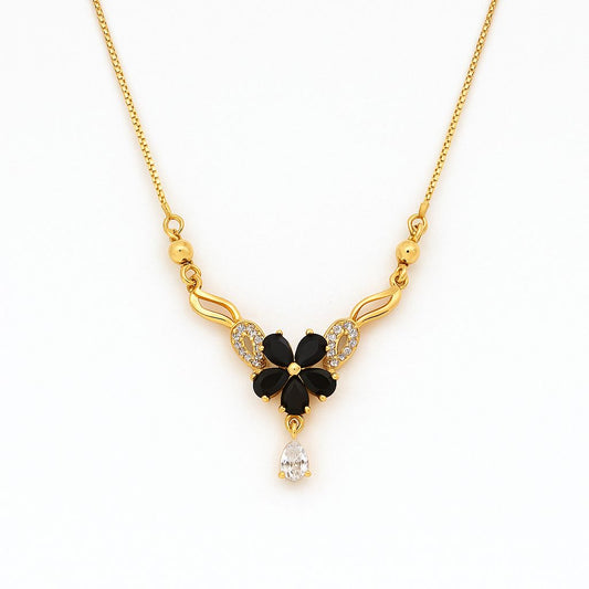 Elegant Gold-Plated Floral Pendant Necklace with Pink Stones & Teardrop Crystal