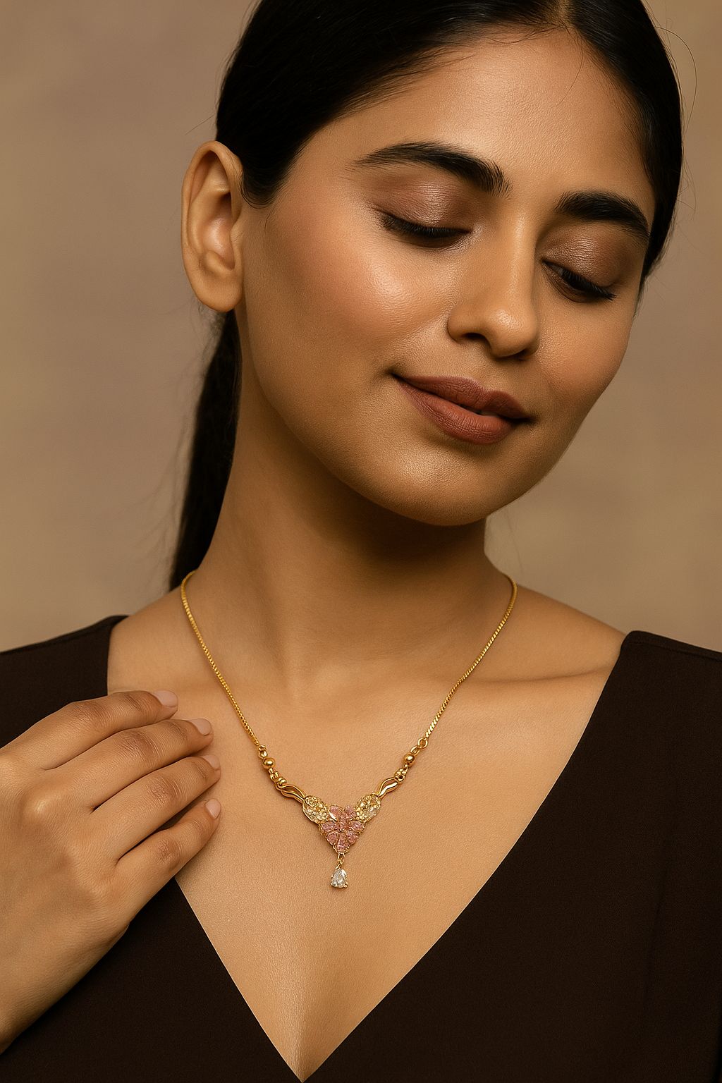 Elegant Gold-Plated Floral Pendant Necklace with Pink Stones & Teardrop Crystal
