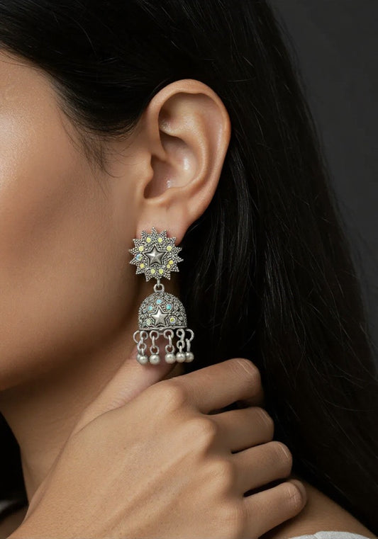 Silver Oxidised Star Dangler Jhumka Earrings with Multicolor Stones